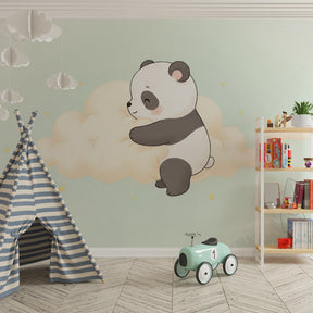 Animal themed mural wallpaper with panda and clouds in modern children's room by Kids-Mundo