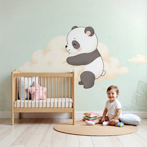 Panda cloud mural wallpaper creating serene nursery atmosphere with soft pastel tones by Kids-Mundo