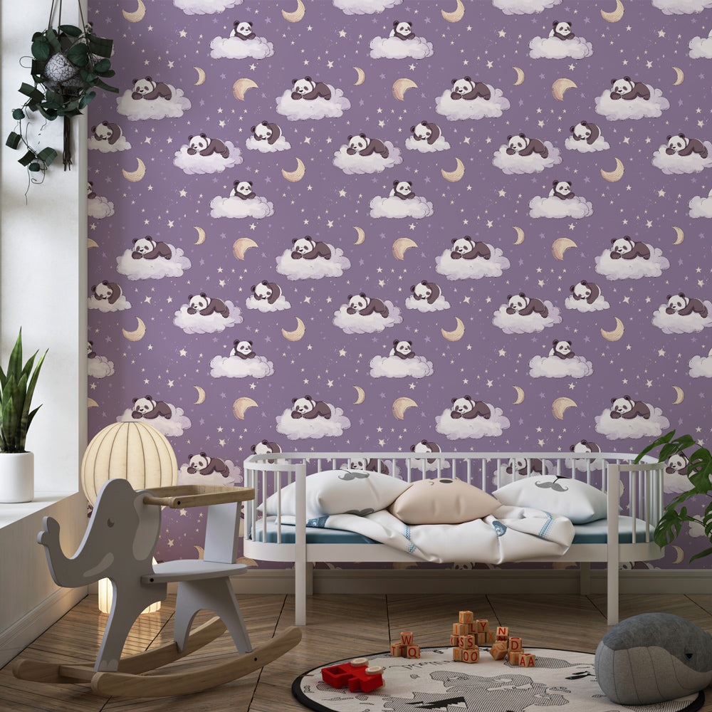 Purple panda and stars mural wallpaper for cozy kids playroom decor by Kids-Mundo