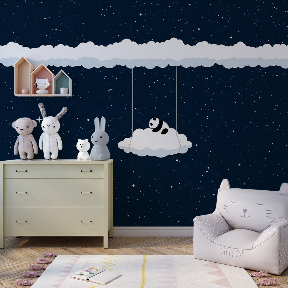 Kids-Mundo panda cloud swing wall mural bringing calm to a starry kids' bedroom.