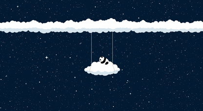 Kids-Mundo flat artwork of a sleepy panda resting on a cloud swing under stars.