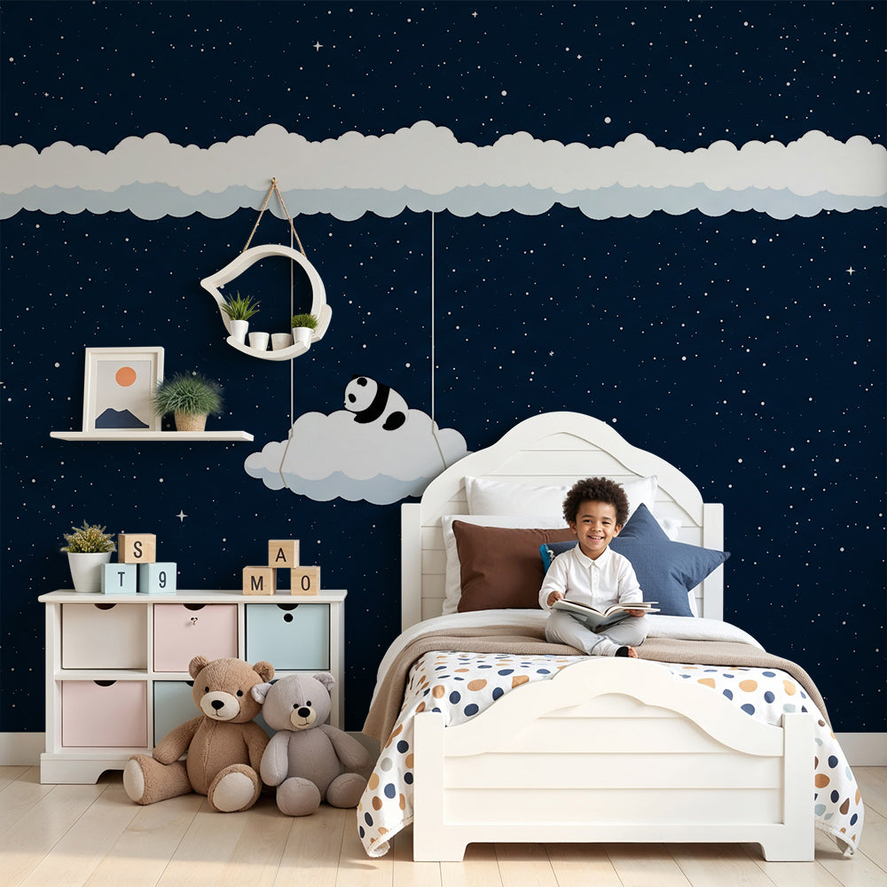 Kids-Mundo sleepy panda wall mural styled above a cot in a calm night nursery.