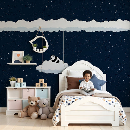 Kids-Mundo sleepy panda wall mural styled above a cot in a calm night nursery.