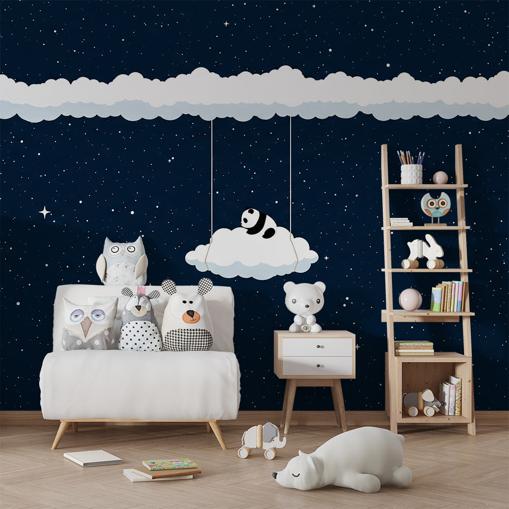 Kids-Mundo panda wall mural adding a peaceful, starlit mood to a playroom.