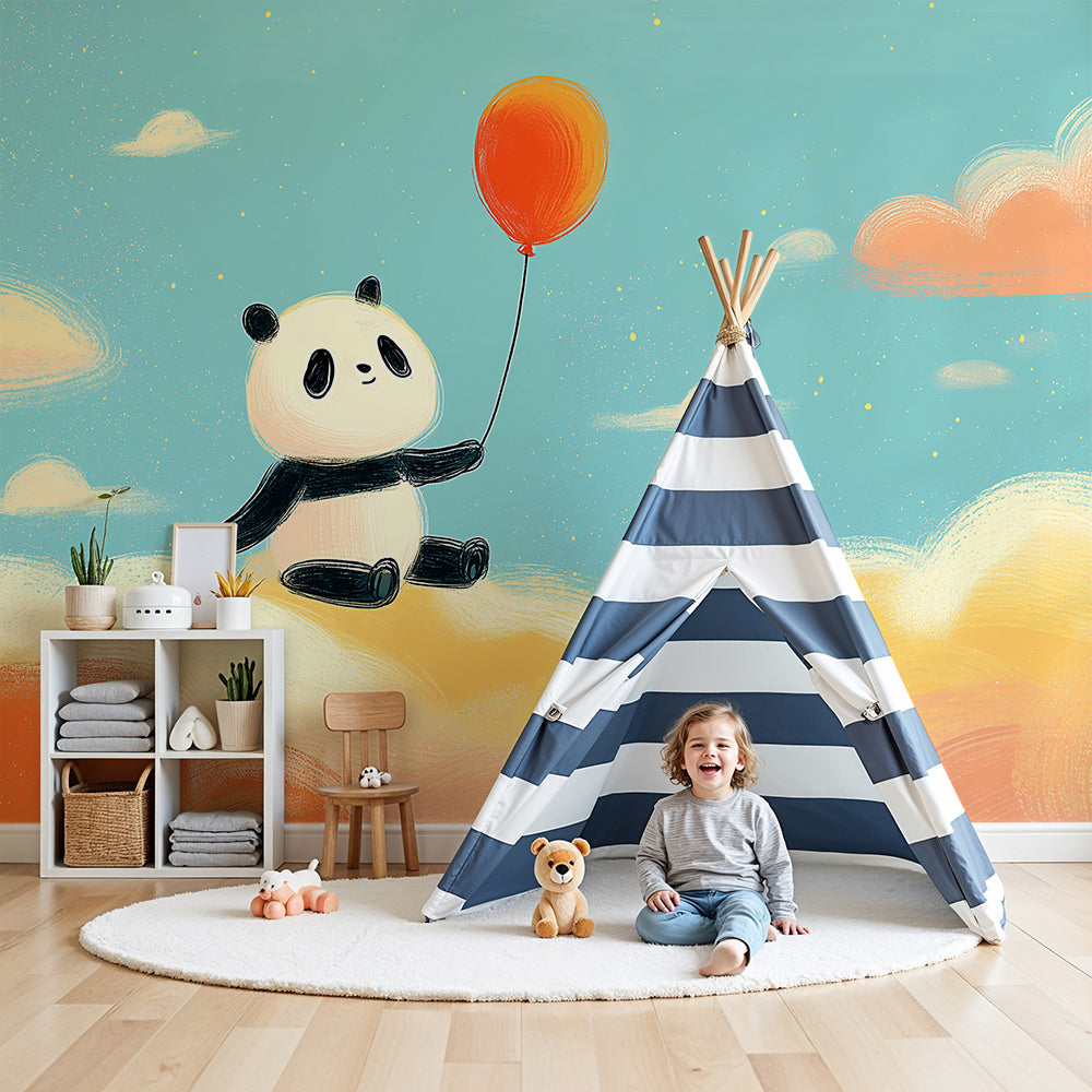 Kids-Mundo panda and balloon wall mural styled in a warm-toned nursery with a cot and soft rug