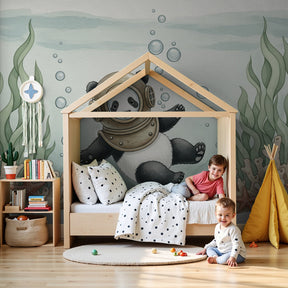 Panda explorer underwater mural wallpaper in modern nursery with ocean theme decor by Kids-Mundo