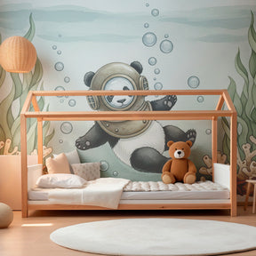Ocean themed panda mural wallpaper with coral and seaweed in peaceful toddler room setting