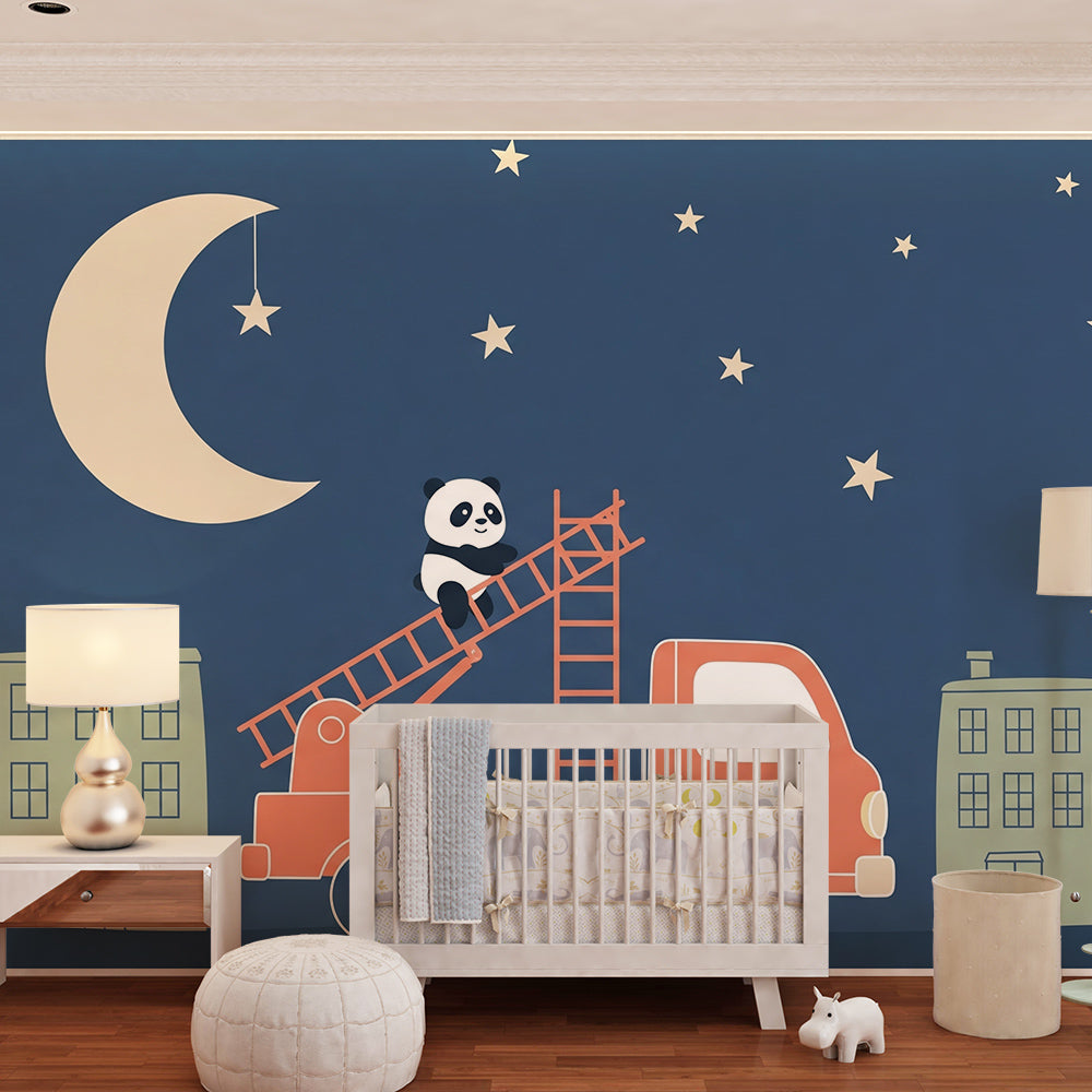 Kids-Mundo night sky panda wall mural styled in an adventurous child's bedroom