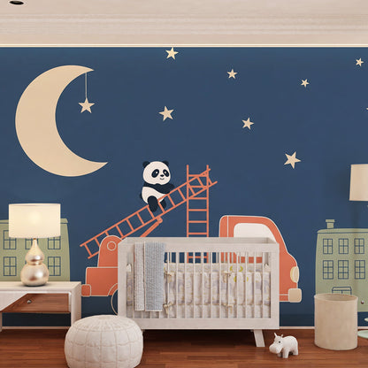Kids-Mundo night sky panda wall mural styled in an adventurous child's bedroom