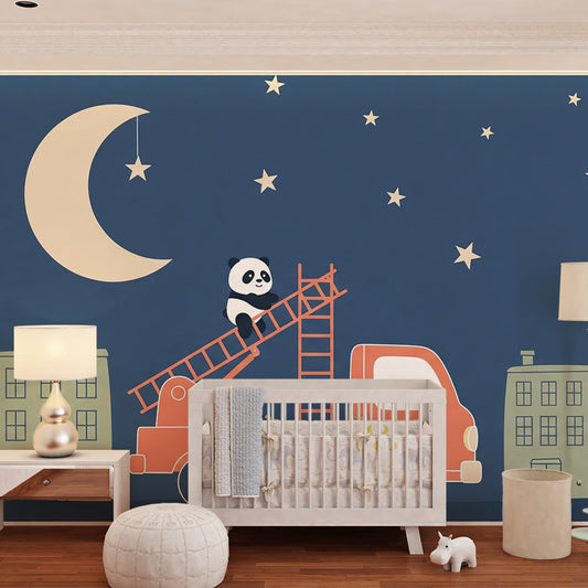 Kids-Mundo night sky panda wall mural styled in an adventurous child's bedroom