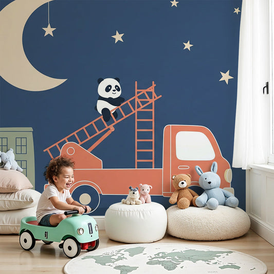 Kids-Mundo panda fire truck wall mural with a starry night sky in a baby nursery