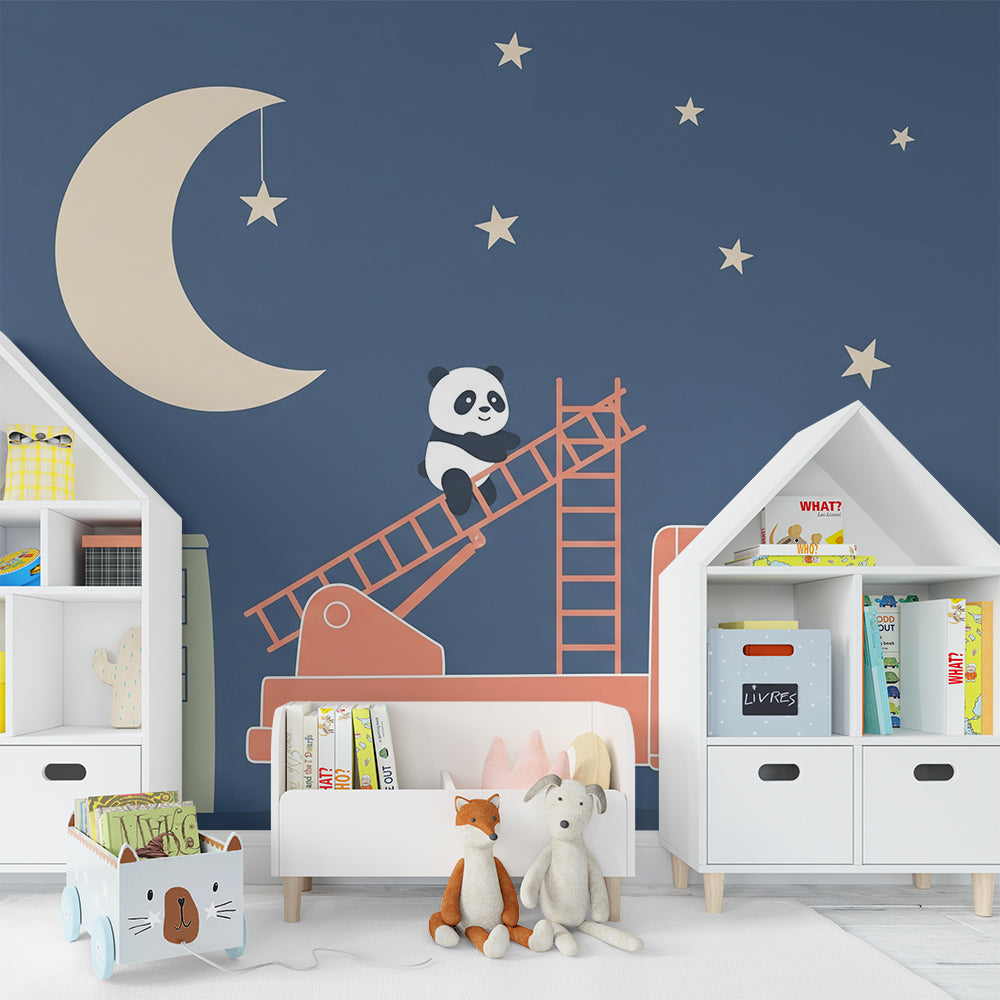 Kids-Mundo panda fire truck wall mural bringing a starry adventure to a playroom