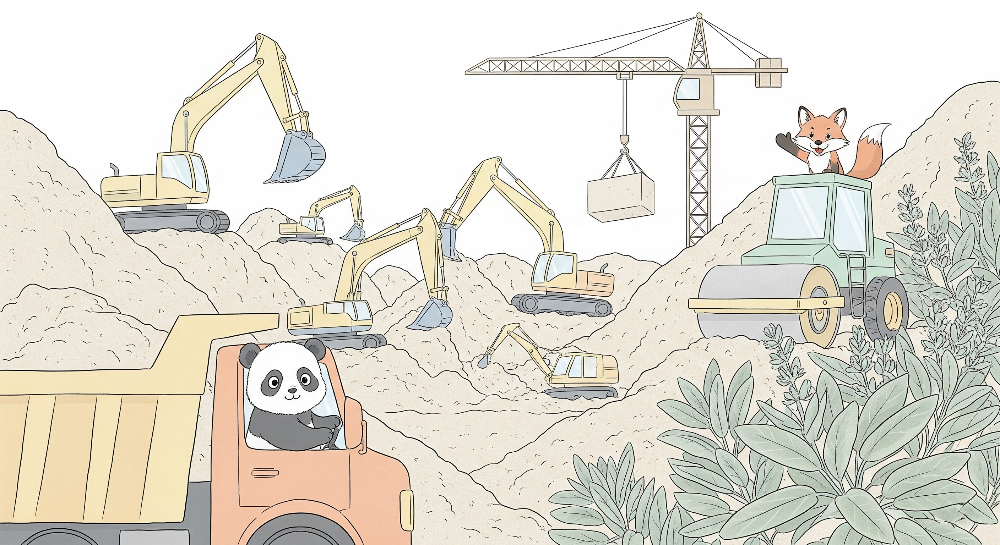 Panda and Fox Construction Site Wall Mural