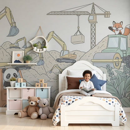Kids-Mundo panda and fox construction site wall mural printed to fit a nursery feature wall