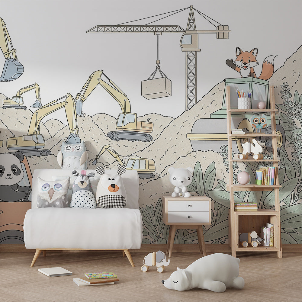 Kids-Mundo construction site mural with panda and fox brightening a playroom wall