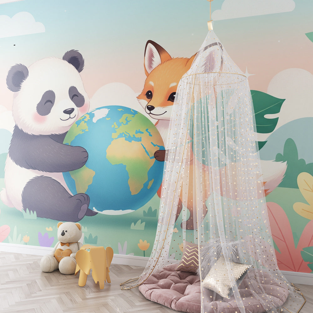Kids-Mundo panda and fox wall mural brightening a gentle children's playroom