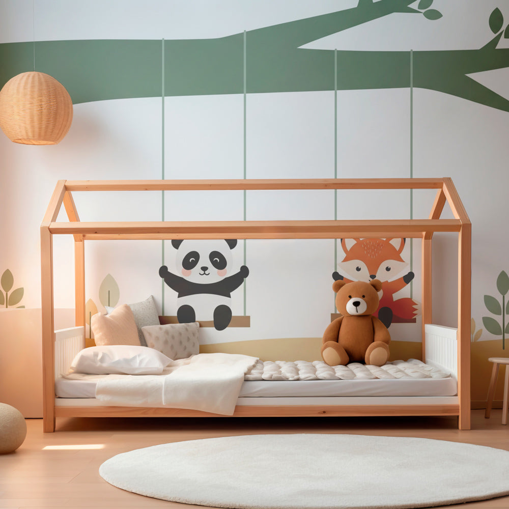 Woodland animal swing wallpaper creating peaceful children's bedroom atmosphere
