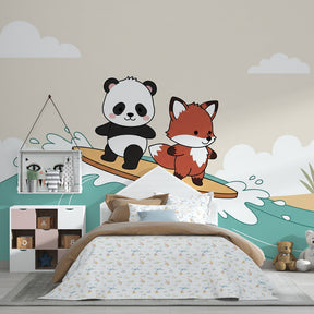 Coastal themed children's room featuring panda and fox surfing wallpaper by Kids-Mundo