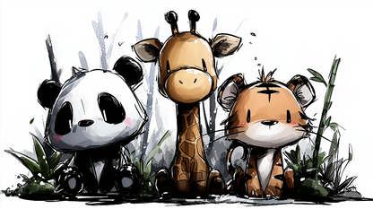 Kids-Mundo flat artwork of the sketch-style panda, giraffe and tiger wall mural design