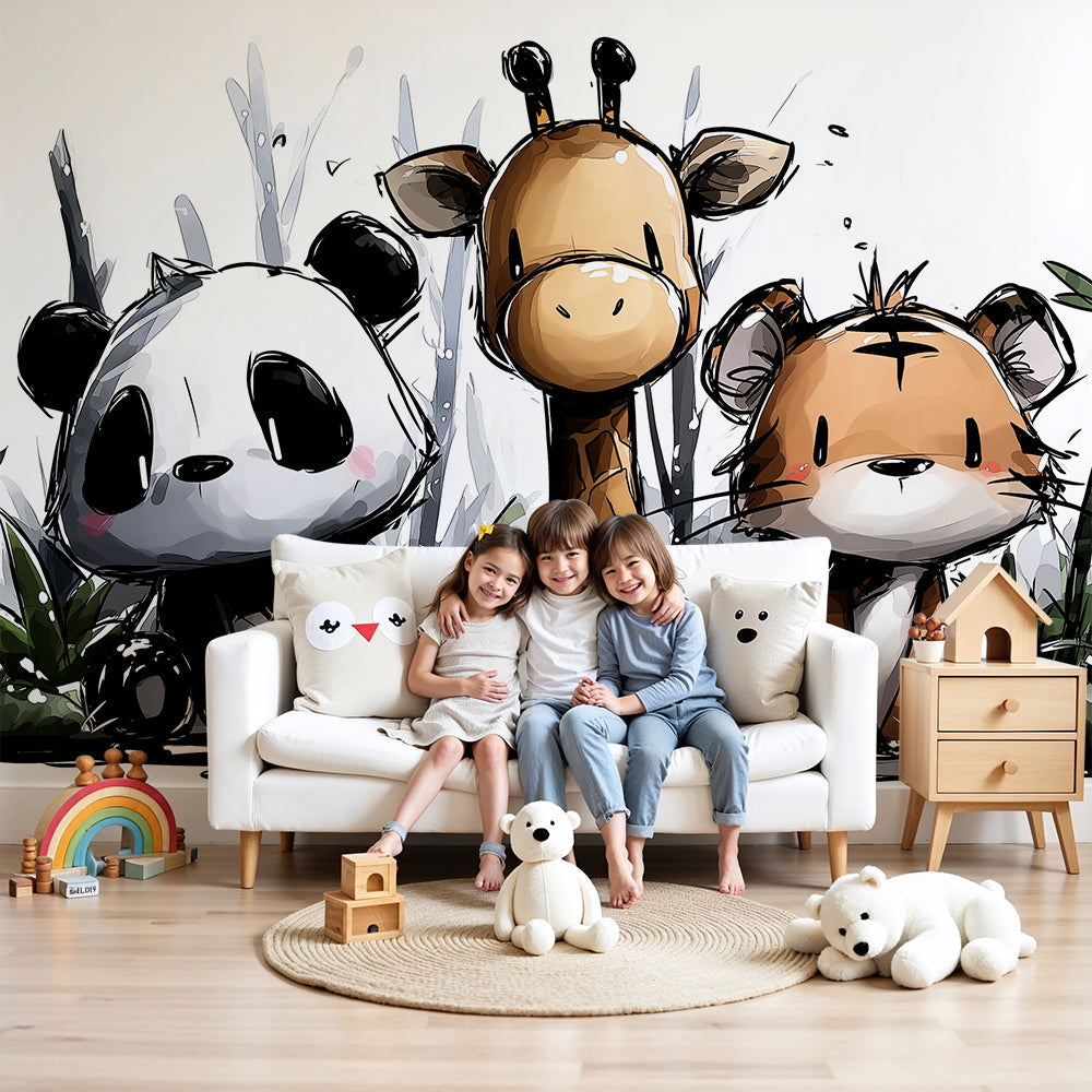 Kids-Mundo sketch-style panda, giraffe and tiger wall mural in a soft white nursery
