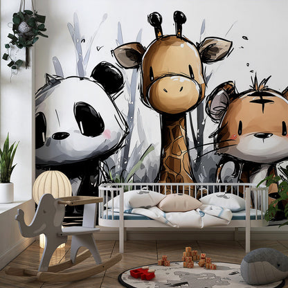 Kids-Mundo panda, giraffe and tiger sketch mural adding character to a playroom wall