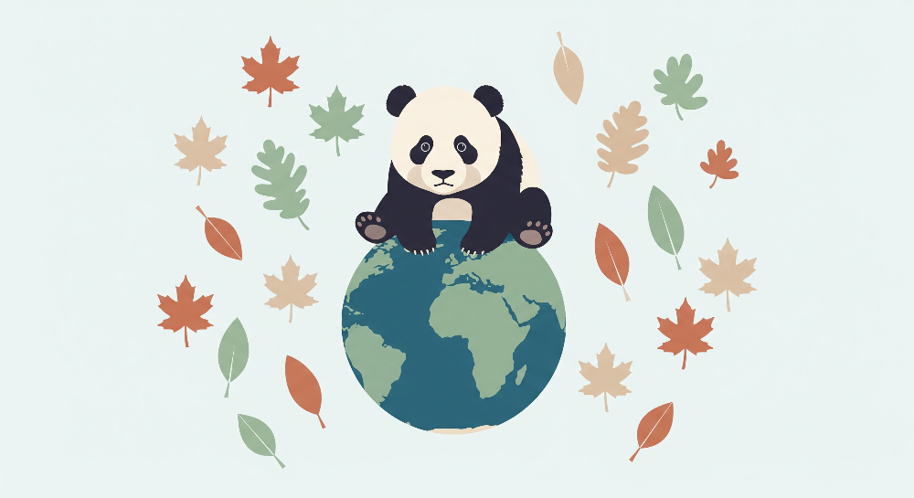 Kids-Mundo flat artwork of a panda sitting on a globe with autumn leaves
