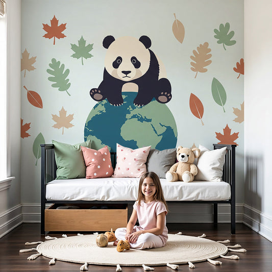 Kids-Mundo panda on the globe wall mural styled in a soft pastel nursery room