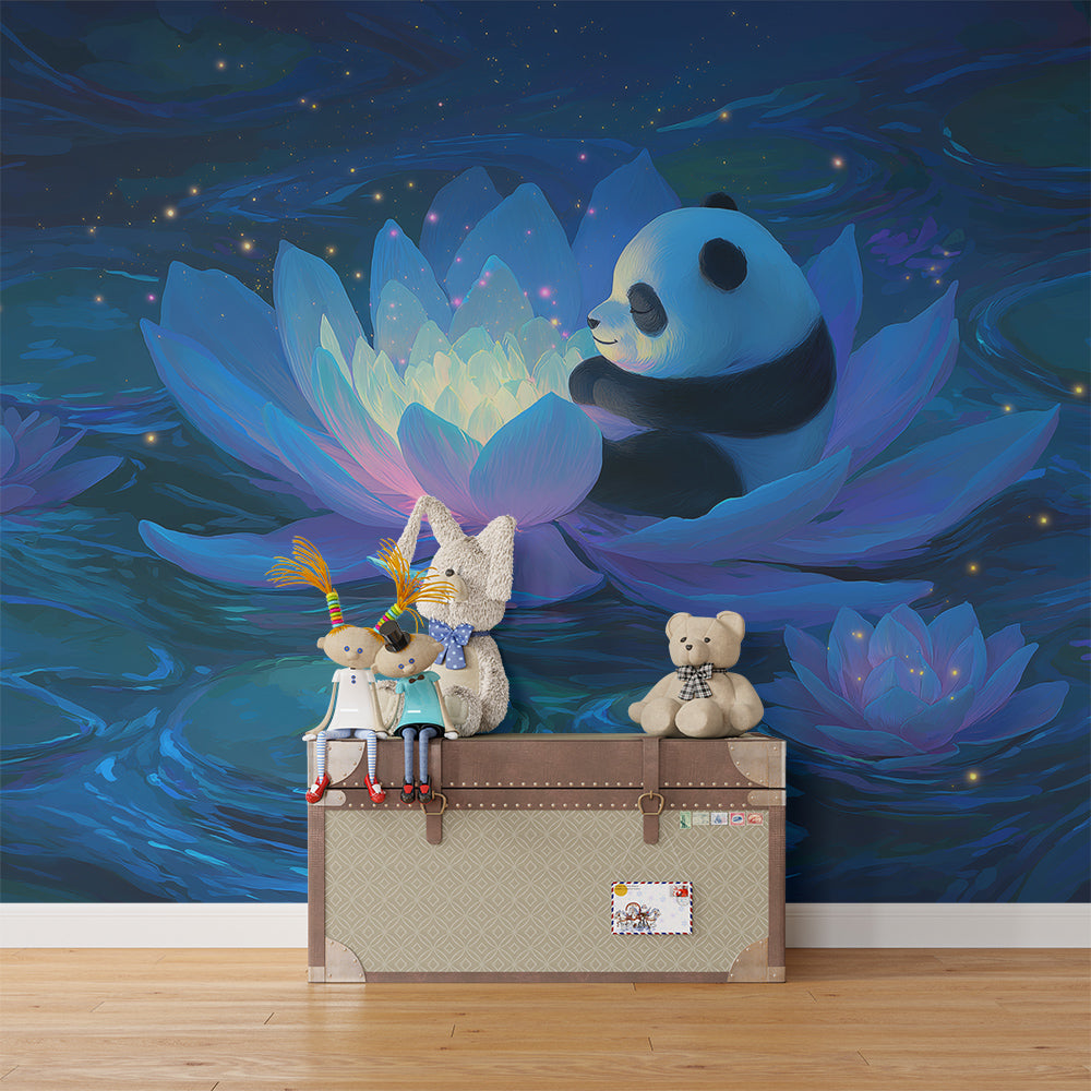 Kids-Mundo panda wall mural with glowing lotus flower shown in a children's bedroom