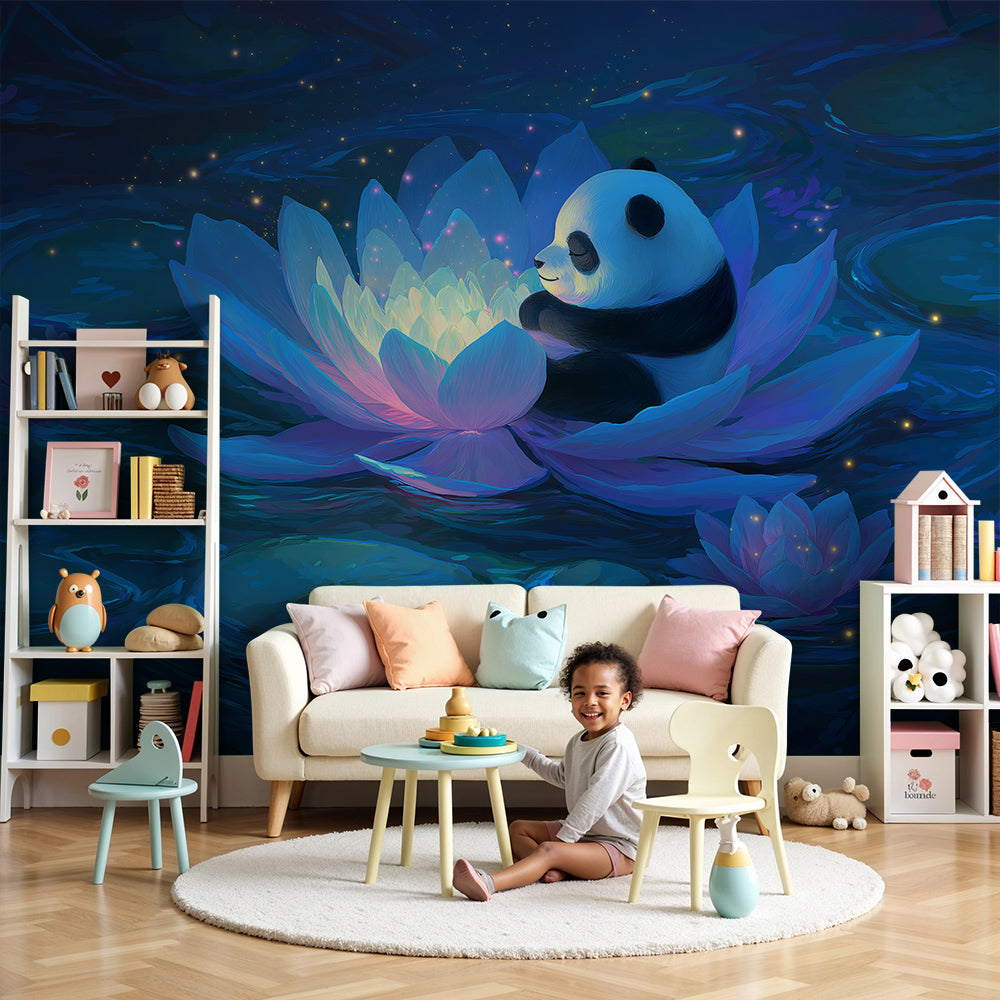 Kids-Mundo glowing lotus panda wall mural shown above a cot in a dreamy nursery room