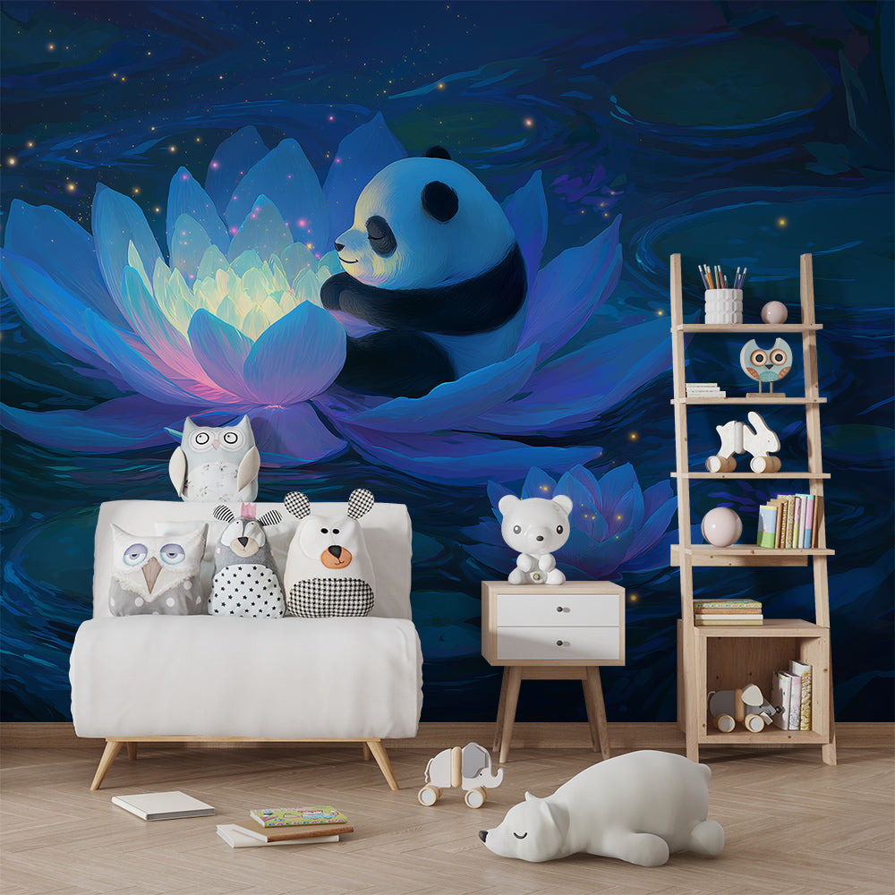 Kids-Mundo panda and lotus wall mural shown as a calm reading corner in a playroom