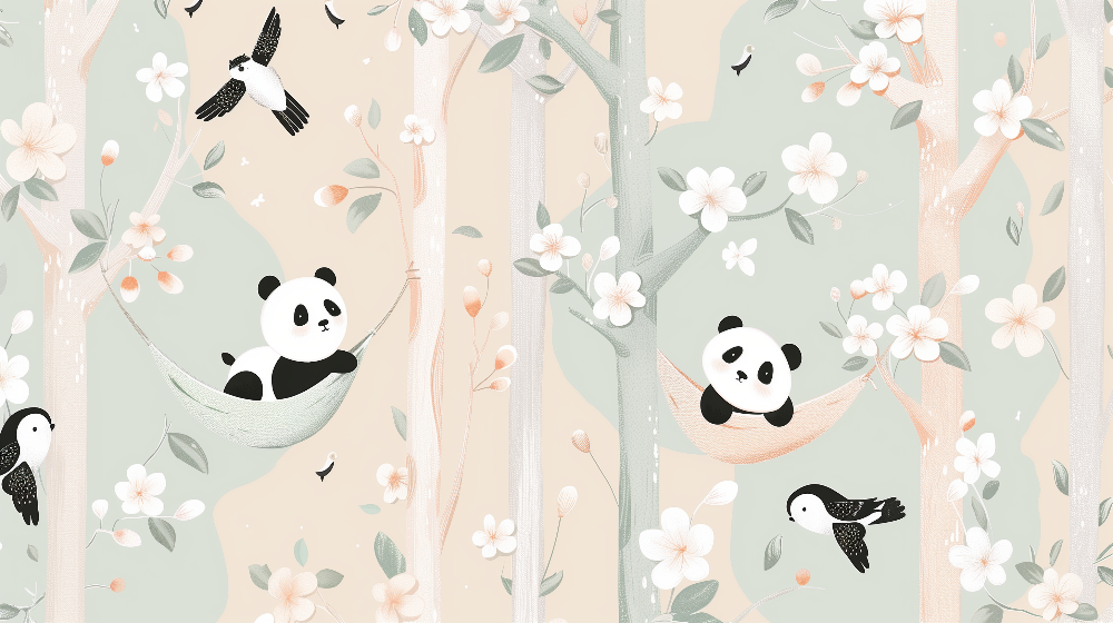 Pandas in Blossom Tree Hammocks Wall Mural
