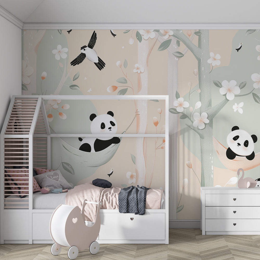 Kids-Mundo blossom pattern panda mural bringing soft colour to a playroom wall