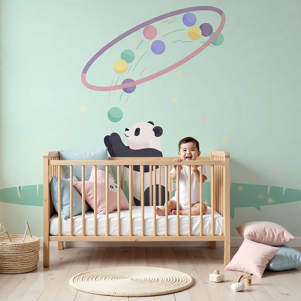 Panda hoop and bubbles wall mural by Kids-Mundo styled in a soft mint nursery