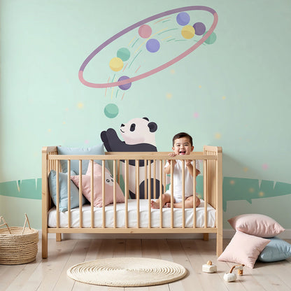 Panda hoop and bubbles wall mural by Kids-Mundo styled in a soft mint nursery