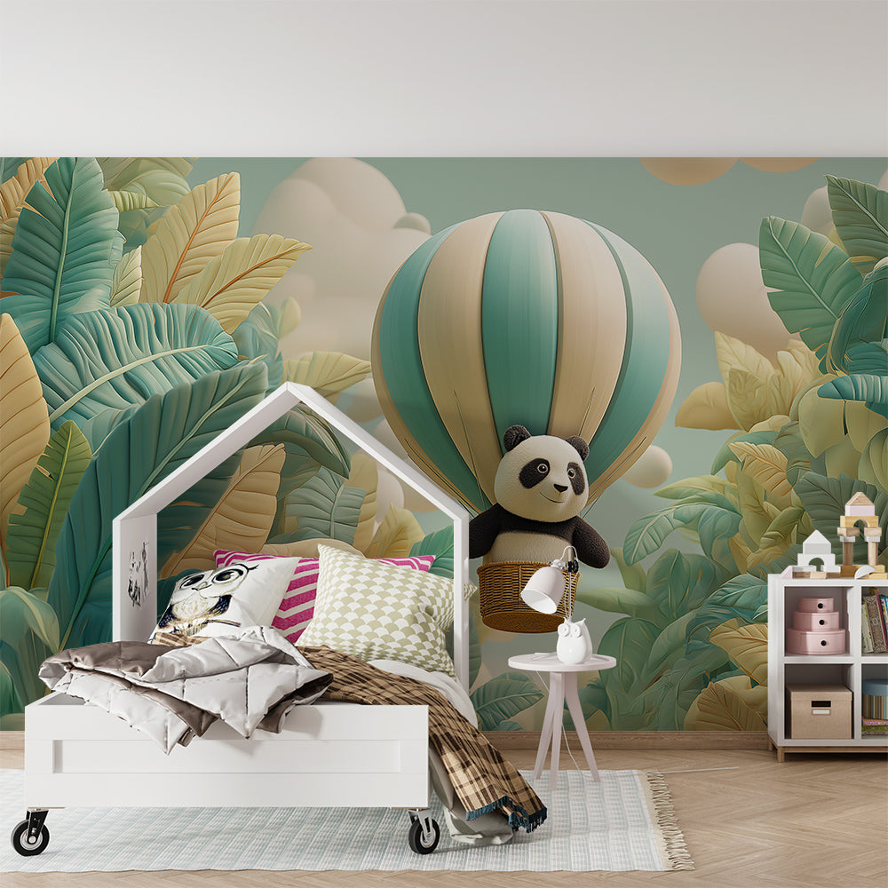 Kids-Mundo jungle balloon mural wallpaper on a feature wall in a child's adventure-themed bedroom