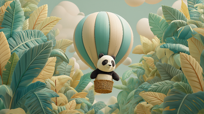 Kids-Mundo flat artwork of a panda in a teal hot air balloon floating above jungle leaves