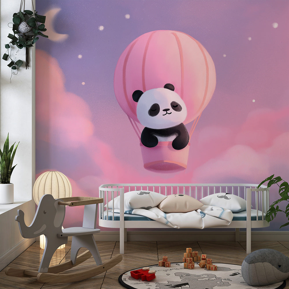 Kids-Mundo panda hot air balloon wall mural on a kids' bedroom feature wall