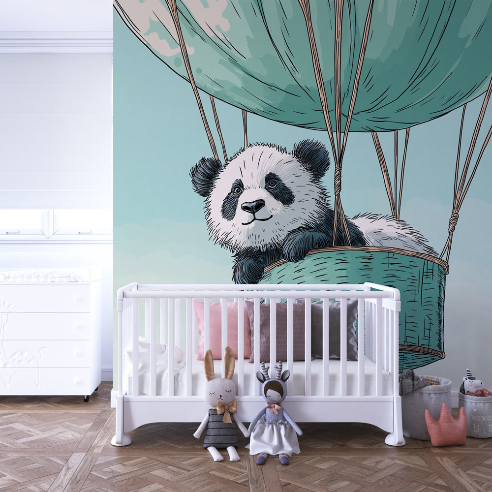 Kids-Mundo panda balloon wall mural behind a bed in a soft, gentle kids bedroom