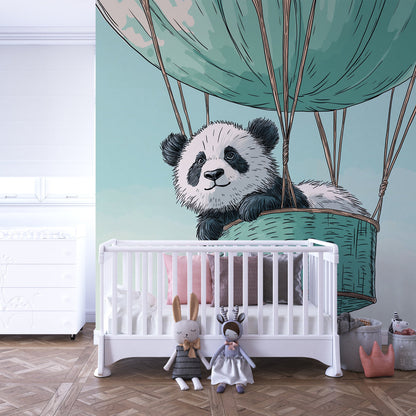 Kids-Mundo panda balloon wall mural behind a bed in a soft, gentle kids bedroom