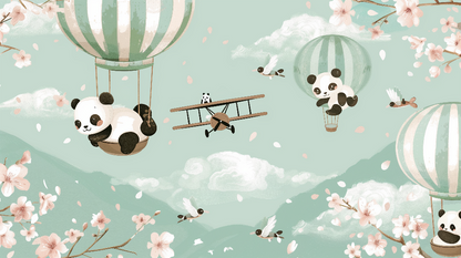 Kids-Mundo panda wall mural flat artwork showing pandas in hot air balloons among cherry blossom