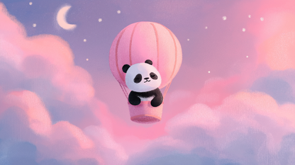 Kids-Mundo flat artwork of a panda in a pink hot air balloon over pastel clouds