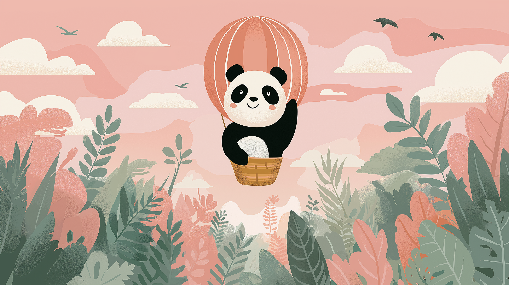Kids-Mundo flat artwork of a panda waving from a hot air balloon above a jungle