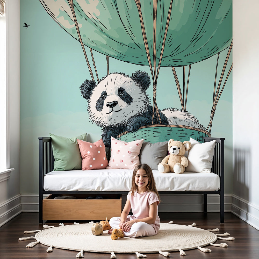 Kids-Mundo panda hot air balloon wall mural above a cot in a calm mint nursery