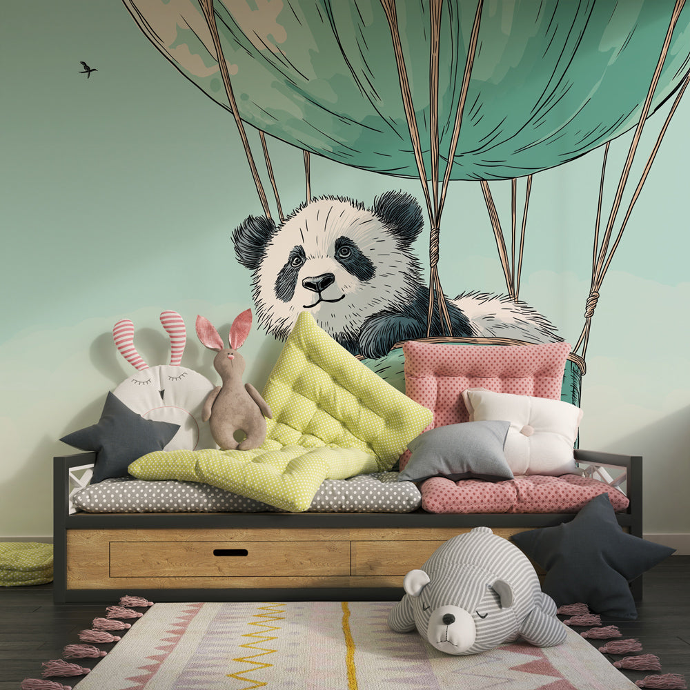 Kids-Mundo panda in a balloon wall mural covering a wall in a playful children's playroom
