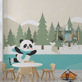 Ice skating panda wallpaper transforming kids playroom into winter wonderland adventure