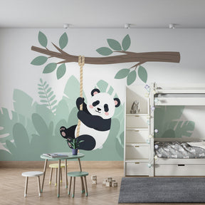 Tropical panda wallpaper creating playful kids bedroom decor with soft green botanical design