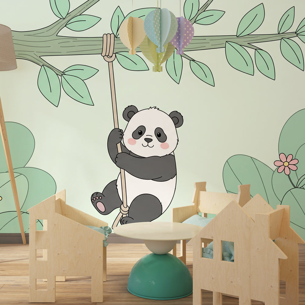 Playful panda mural wallpaper transforming children's bedroom with tropical jungle theme