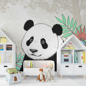 Playful panda animal mural wallpaper transforming children's bedroom into jungle sanctuary