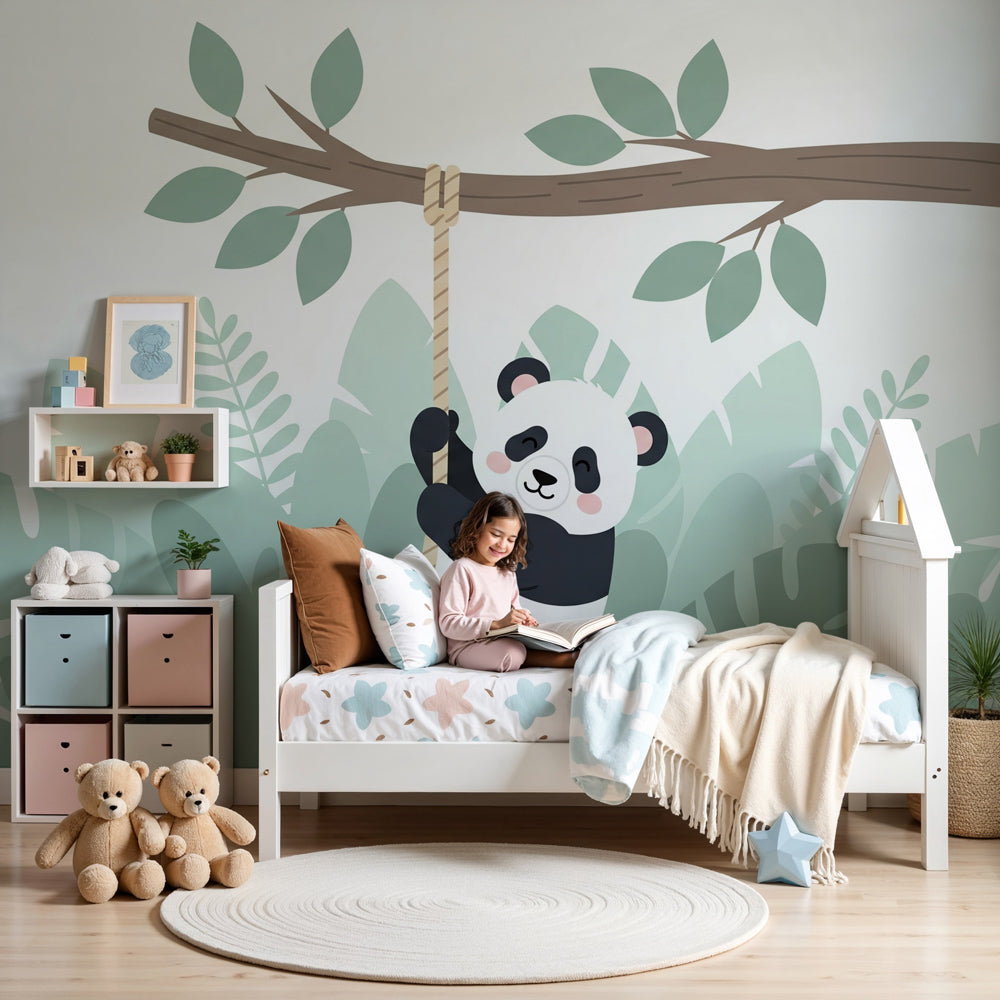 Panda jungle mural wallpaper in modern nursery with natural wood furniture by Kids-Mundo