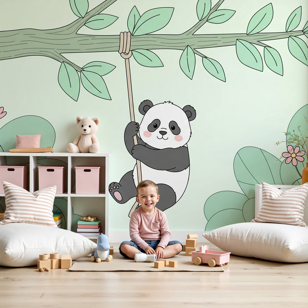 Panda jungle mural wallpaper creating magical wildlife nursery decor by Kids-Mundo